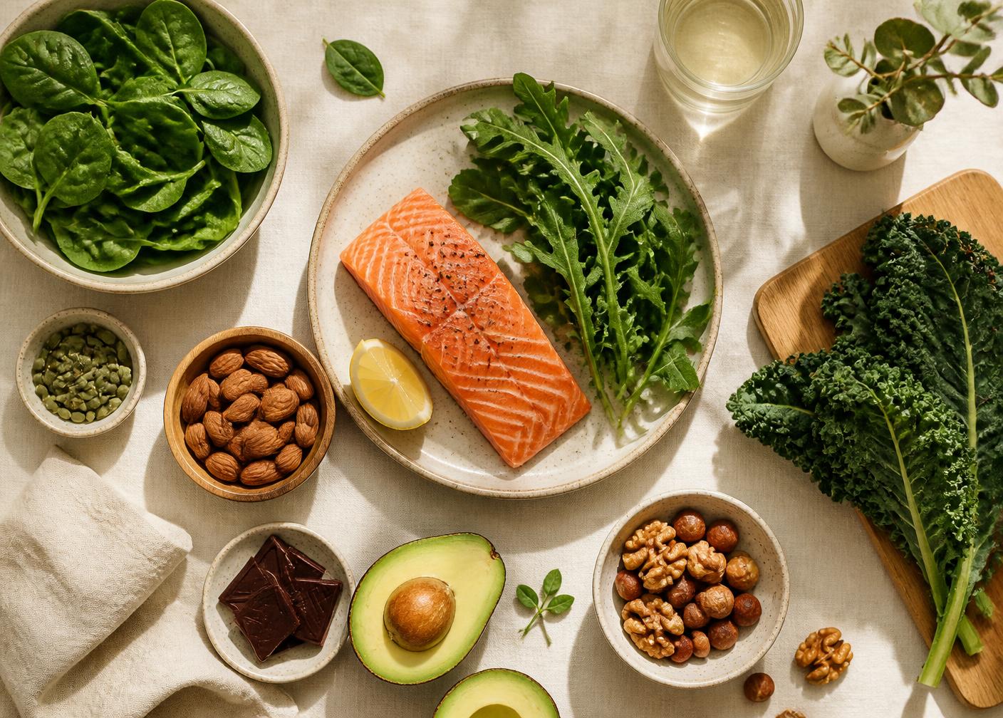 Mesa com salmão, folhas verdes, castanhas e abacate em luz natural